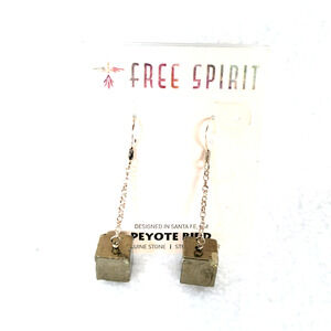 Peyote Bird Womens Silver Dangle Earrings 2" Silver Hook Pyrite Cube Drop Grunge